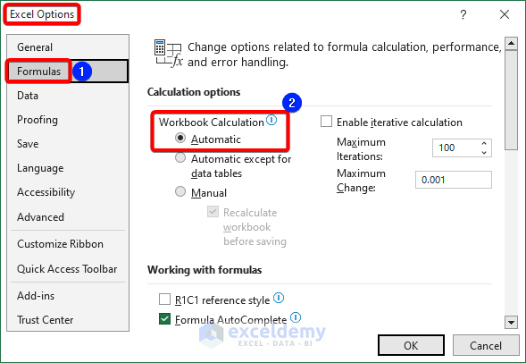 Recalculate automatically from Excel Options