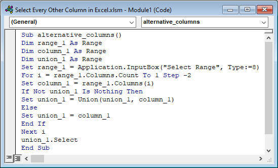 Insert VBA code to select every other column