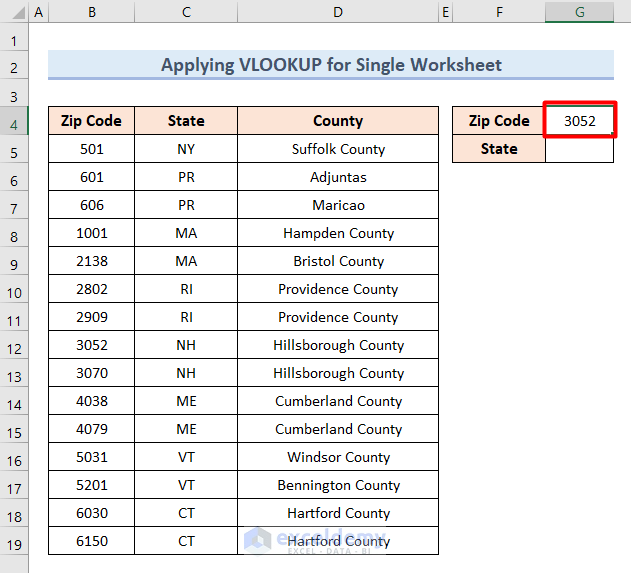 Apply VLOOKUP Function for Changing Zip Code to State for Single Worksheet