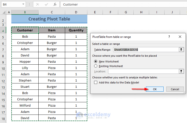 Pivot Table Dialog Box in Excel