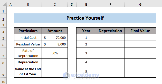 Practice WDV Method of Depreciation Formula in Excel
