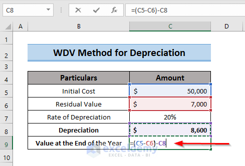 Yearly Value with WDV Method of Depreciation Formula in Excel