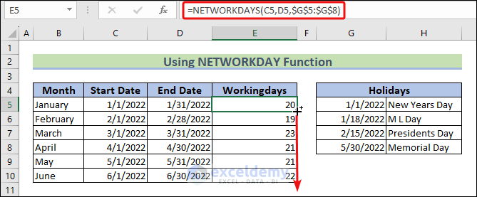 Workdays by NETWORKDAYS Function