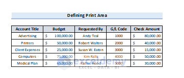Output of Defined Print Area