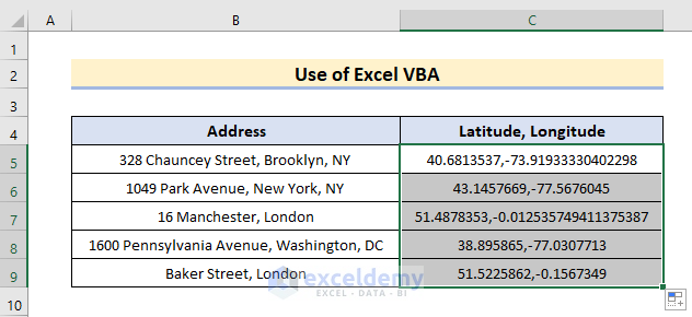output of address in lat long through VBA