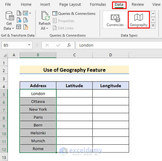 Transform Address to Lat Long in Excel Through Geography Data Type