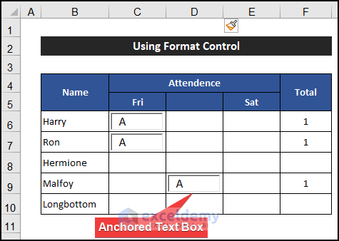 Using Format Control dialog box to anchor a text box