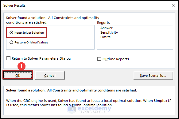 solver results dialog box in Excel