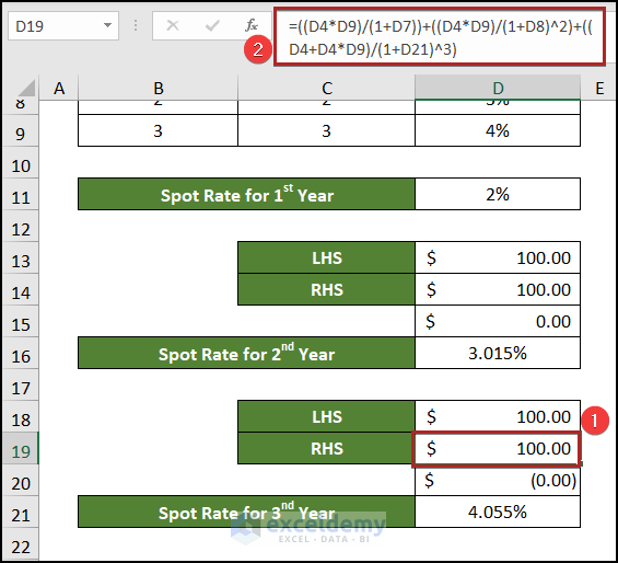 bootstrapping spot rates for 3 year in Excel