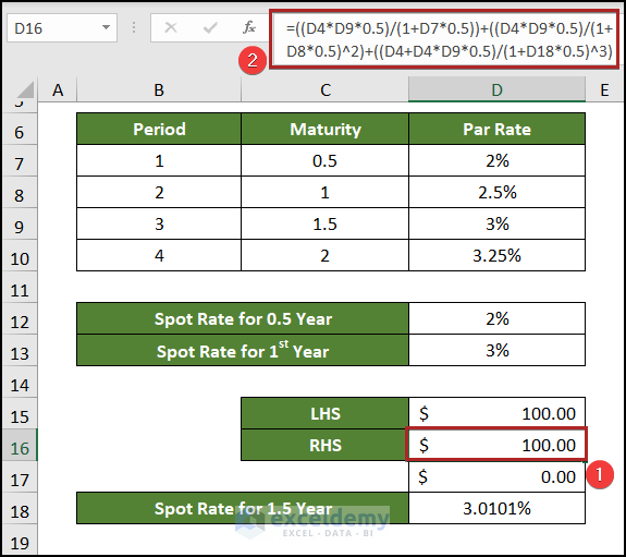 calculating spot rate for bi annual bond in excel