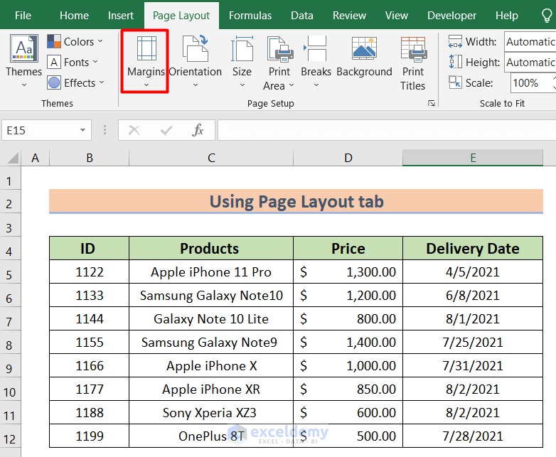 Use Page Layout Tab to Change Page Margins to Wide in Excel