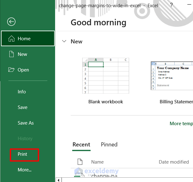 Cambie los márgenes de página a ancho en Excel usando la opción de impresión