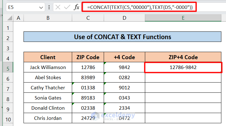 Use a Combination of TEXT & CONCAT Functions to Concatenate ZIP Codes