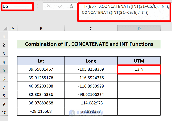 Combine IF, CONCATENATE, and INT Functions to Convert Lat Long to UTM in Excel