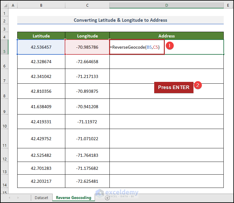 Employing Function to convert latitude and longitude to address in excel