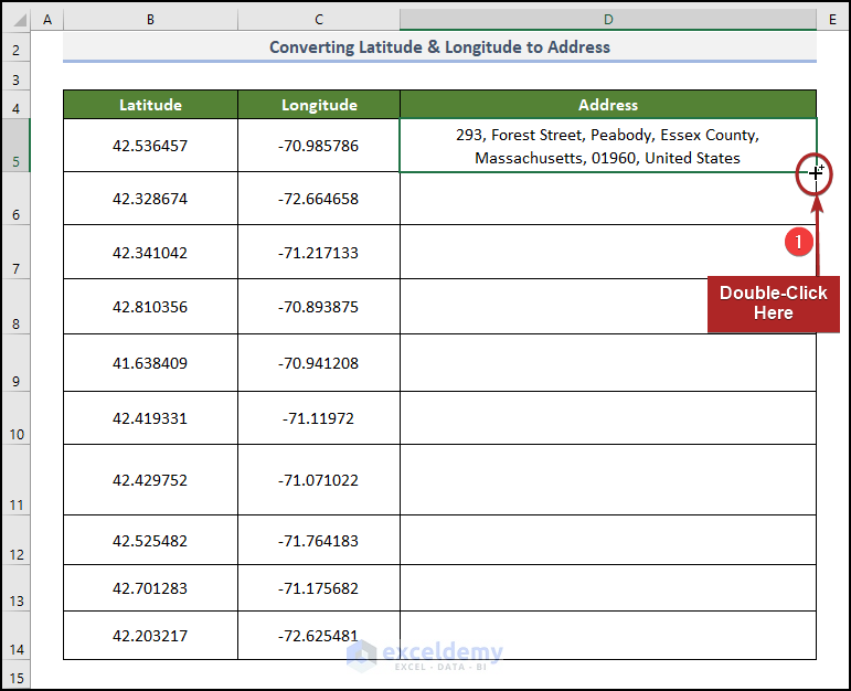 Using Fill Handle to convert latitude and longitude to address in excel