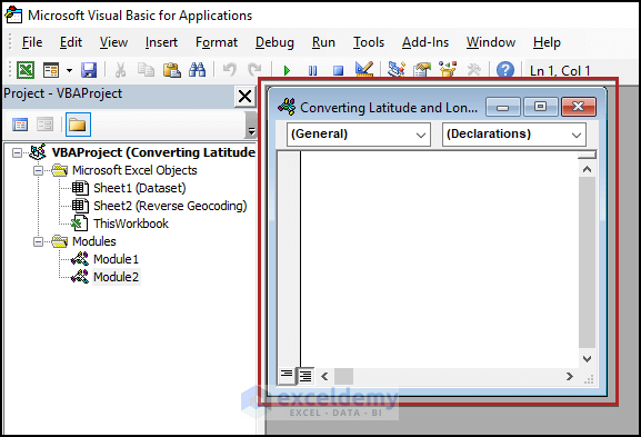 Module inserted to write code to convert latitude and longitude to address in excel