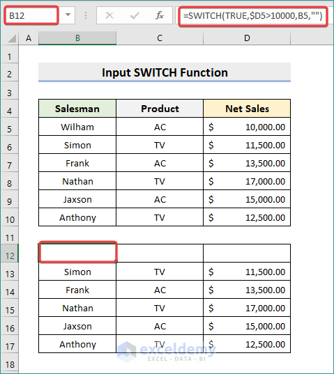Input SWITCH Function to Copy Cell If Condition Is Met
