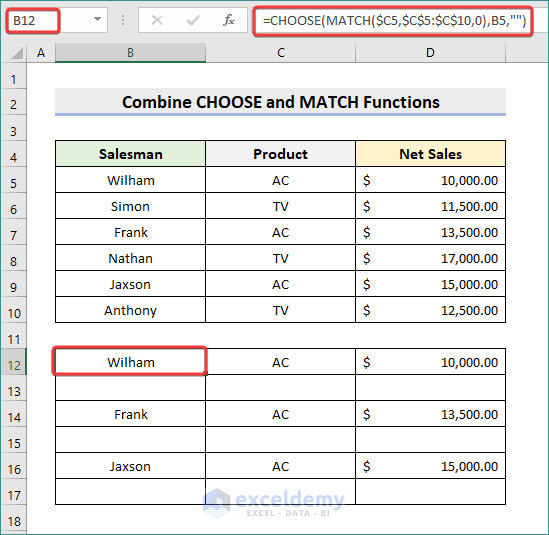 Combine CHOOSE and MATCH Functions for Copying Cell
