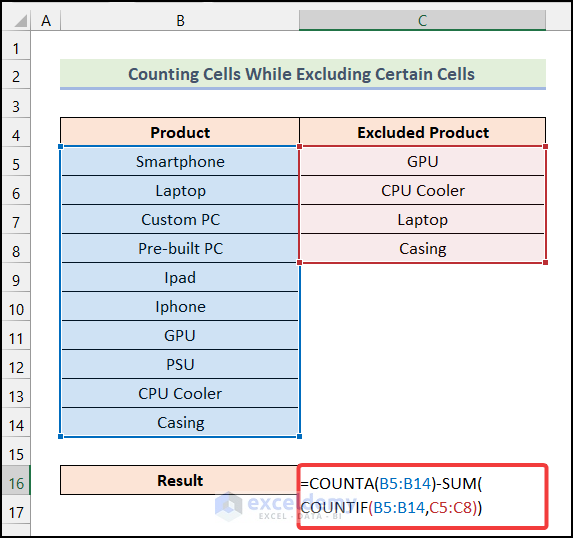 Counting Cells While Excluding Some Specified Cells by using the COUNTIF and COUNTA functions together in Excel