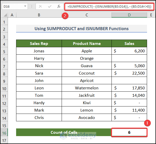 Using SUMPRODUCT and ISNUMBER Functions to Count Cells with Number Values