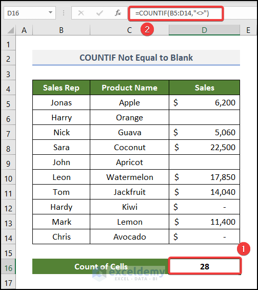 COUNTIF Function to Count Cells That Are Not Equal to Blank