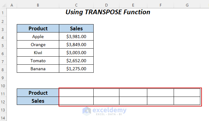 using TRANSPOSE function with array formula in excel
