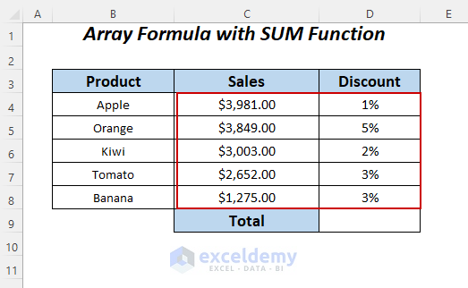 creation of array formula using SUM function in Excel