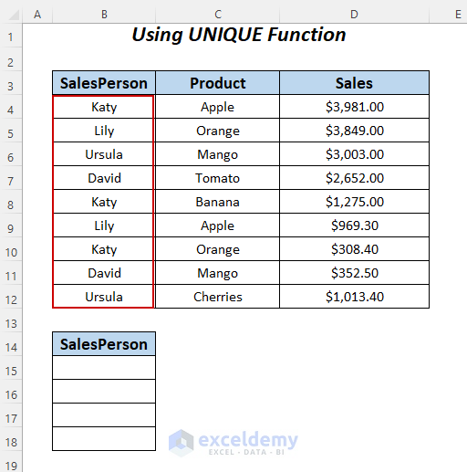 create dynamic array formula with UNIQUE Function in Excel
