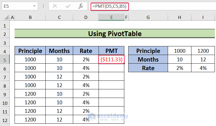writing PMT formula to create a data table with 3 variables