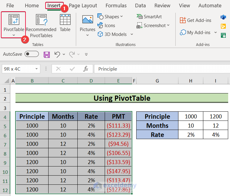 inserting pivot table to create a data table with 3 variables