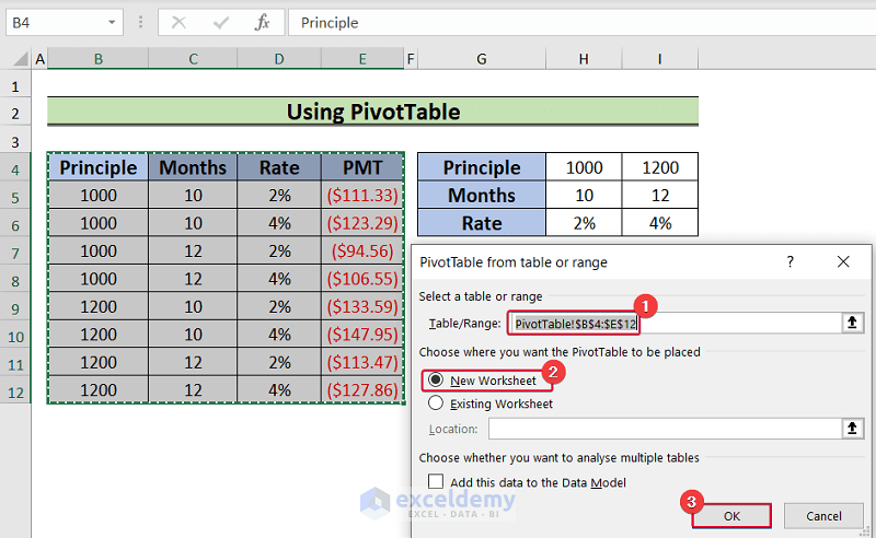 opening new worksheet with pivot table to create a data table with 3 variables
