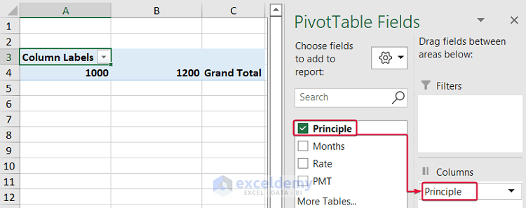 adding field to columns area to create a data table with 3 variables