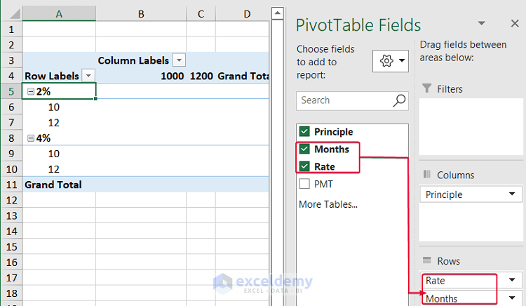 adding fields to rows area to create a data table with 3 variables