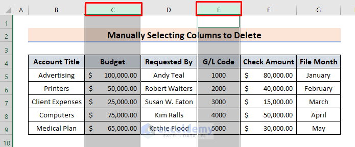 Seleccionar columna manualmente en Excel para eliminar