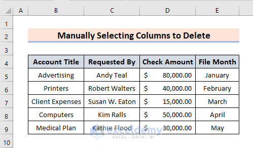 output to manual selection of columns to delete
