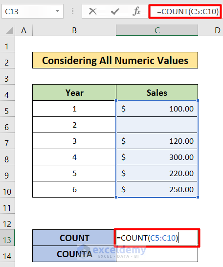 Using Numeric values of difference between count and counta function in excel