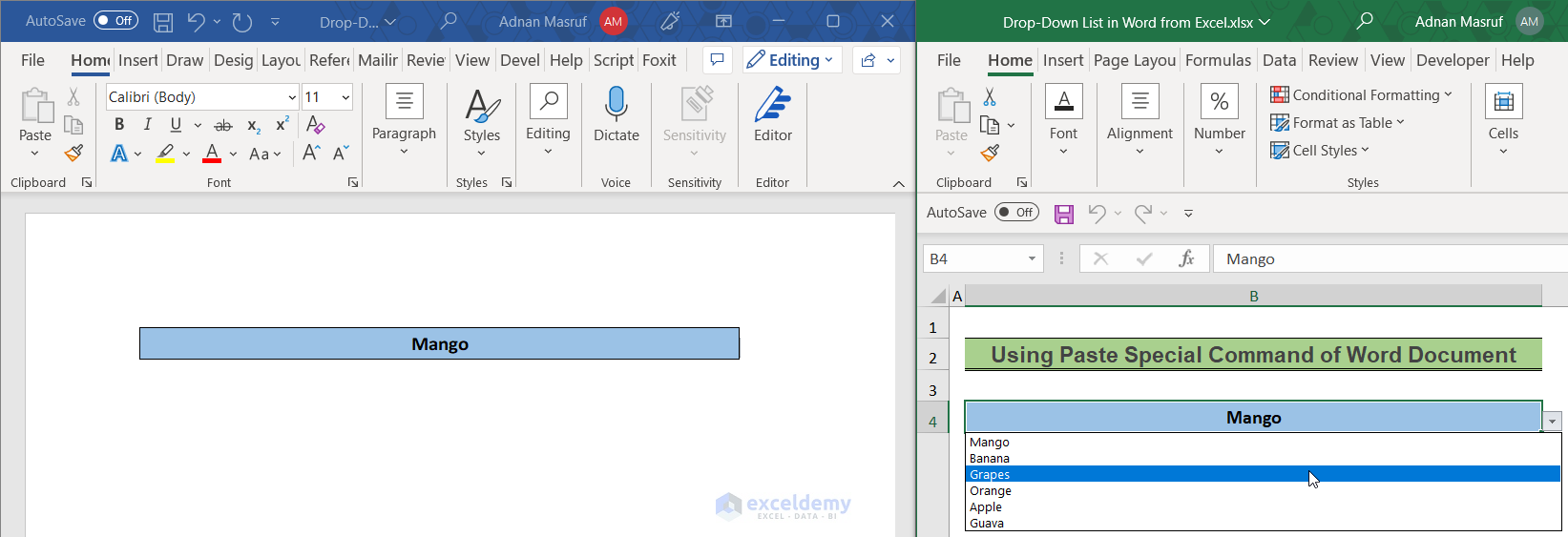 using paste special command of word document to add drop-down list in word from excel