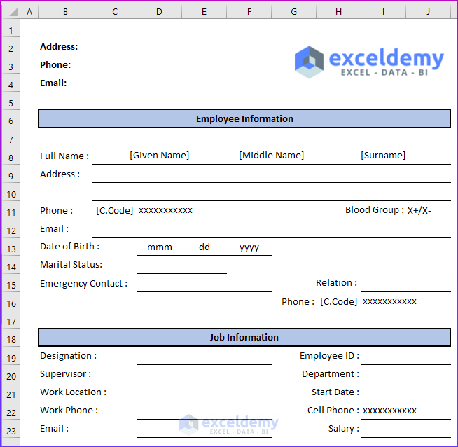 Overview of an employee details form in Excel