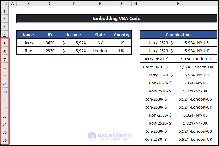 Embedding VBA Code to Show the Combinations of All 5 Columns in Excel