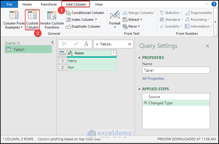 Add a column in power query dialog to make combinations of all 5 columns