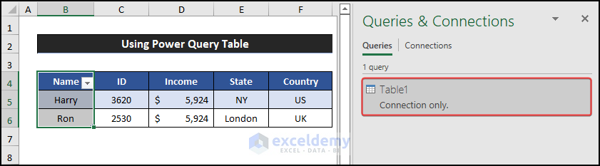Saved Power Query Data table in Excel