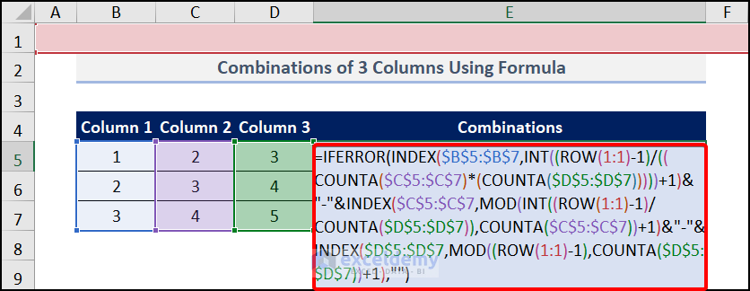 Cómo obtener todas las combinaciones de 3 columnas usando la fórmula en Excel