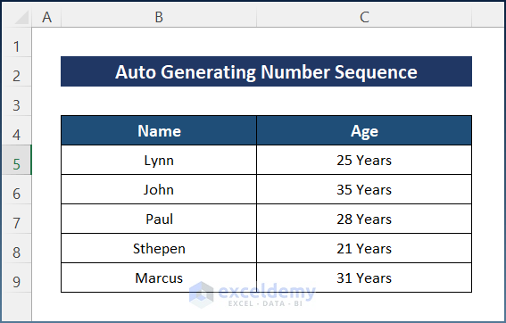 Sample Dataset for Excel Auto Generate Number Sequence