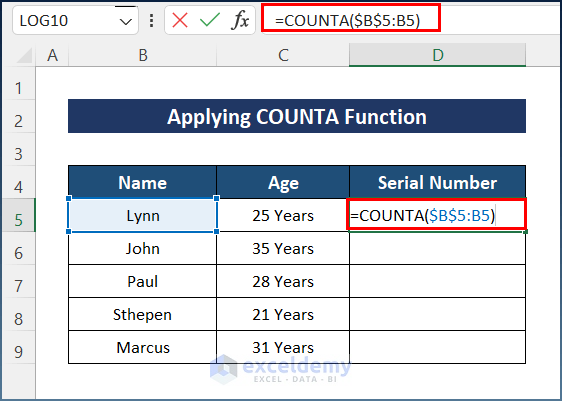 Applying COUNTA Function to Auto Generate Number Sequence in Excel