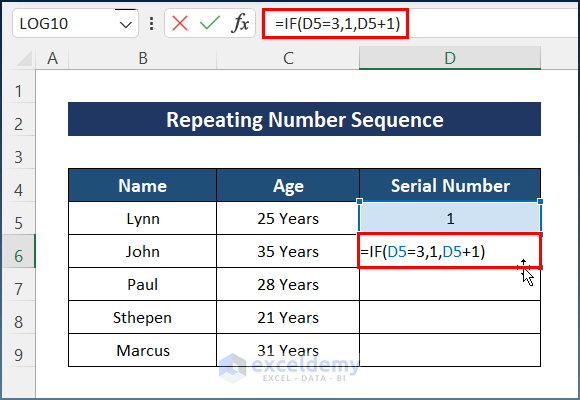Create a Repeating Number Sequence in Excel