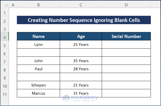 Sample Dataset to Create Number Sequence Ignoring Blank Cells in Excel