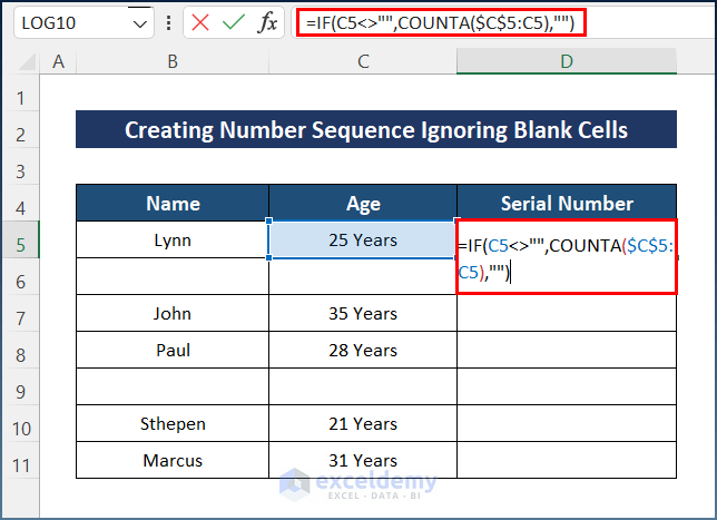 Creating Number Sequence Ignoring Blank Cells in Excel