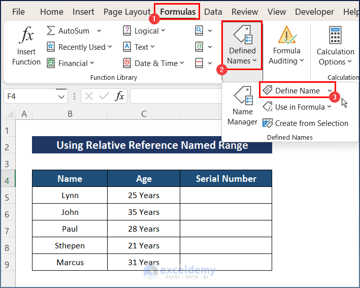 Using Relative Reference Named Range in Excel