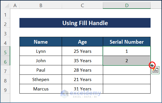 Using Fill Handle to Auto Generate Number Sequence in Excel